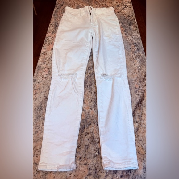 American Eagle Super Stretch White Distressed Jeans Size 0 Short Raw Hem Skinny - Picture 3 of 14